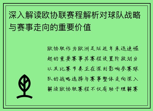 深入解读欧协联赛程解析对球队战略与赛事走向的重要价值